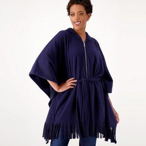 Susan Graver Weekend Fleece Hooded Poncho w Fringe - Navy (L) a522820